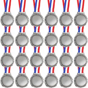 24 Piece Blank Award Medals with Neck Ribbons, Create Your Own Medals Kit, Cheer Medals, Winner Medals, Participation Trophy, Metal Trophy Award (Antique Silver)
