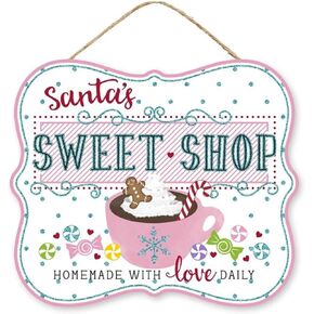 Craig Bachman, 10" Wooden Sign: Santa's Sweet Shop - Pink Christmas Decorative Candy Theme Wooden Wreath Accent Tree Sign