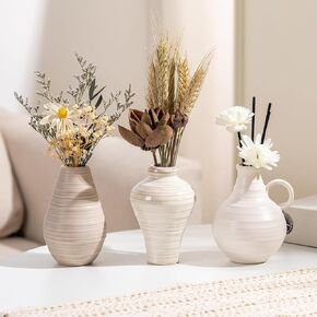 Ceramic Vase Set of 3, 4.13"H Small Boho Vases for Decor, Modern Farmhouse Vase for Pampas Grass, Flowers, Rustic Decorative Vases for Living Room Dining Table Weddings Shelf Entryway Home Decor Gifts