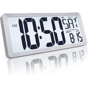TXL Silver Large Digital Wall Clock with Backlight, 14.2" Battery Operated Alarm Clock with Day, Date & Temperature, Large Wall Clock for Classroom,Bedroom, Livingroom, Office，（Battery Included）