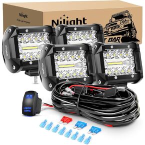 Nilight 4Pcs LED Pods 4Inch 60W Triple Row Flood Spot Combo 6000LM Light Bar with 12V On/Off 5 Pin Rocker Switch 16AWG Wiring Harness Kit-4 Leads