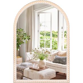 مرآة حائط على شكل قوس بإطار خشبي مقاس 60.96 سم × 91.44 سم مع خرزات خشبية بيضاء، مرآة حائط معلقة عصرية ريفية متعثرة للمدخل أو غرفة المعيشة أو ديكور المنزل لغرفة النوم in Kuwait
