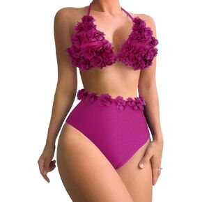 SHENHE Women's 2 Piece Halter Floral Appliques Swimsuit High Waisted Triangle Bikini Set