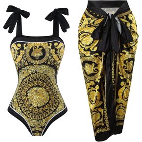 Womens Swimsuits One Piece Bathing Suit for Women with Beach Cover Up Retro Floral Print Bikini Set Black