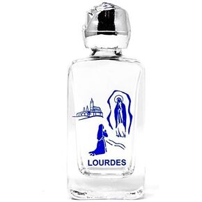 Blue Glass Lourdes Water Bottle Filled from the Grotto & Lourdes Prayer Card.