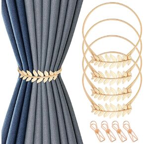 4 Pack Gold Curtain Tiebacks, Metal Curtain Tiebacks No Drill, Curtain Ties, Vintage Curtain Holdbacks for Drapery Patio, Golden Home Decor (Feathers)