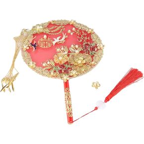 Kopida Chinese Vintage Round Fans, Phoenix Shaped Alloy Fan, Gold Flower Hand Holding Fan with Tassel, Wedding Bride Group Fan