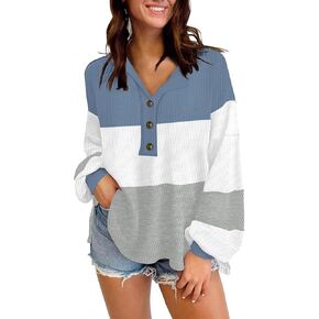 Disamer Sweatshirts for Womens Long Sleeve V Neck Striped Fashion Oversized T Shirts Casual Button Down Henley Neck Tops
