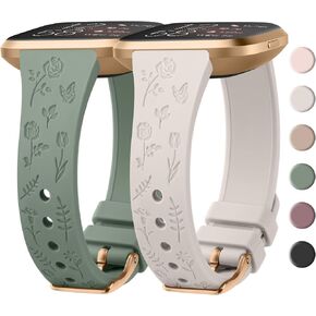 Tobfit Slim Floral Engraved Band Compatible with Fitbit Versa Bands for Women, Silicone Sport Fancy Flower Design Cute Tulips Replacement Wristbands Straps for Fitbit Versa Lite/SE (2 Pack)