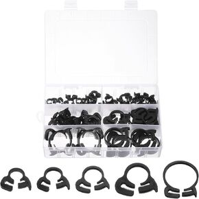 uxcell 1 Set 56 Pcs Plastic Adjustable Double Snap Grip Hose Clamps(6.1-6.6mm, 8.1-8.6mm, 12.3-14mm, 16.3-18.1mm, 24.5-26.1mm), Black