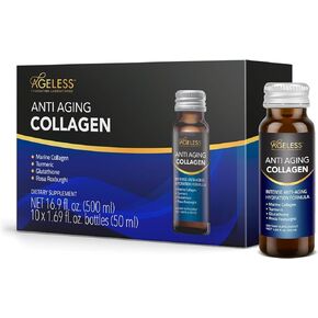 Ageless Anti Aging Collagen Liquid - Marine Collagen, Turmeric, Glutathione, and Rosa Roxburghi - 50 ml (30 Count)