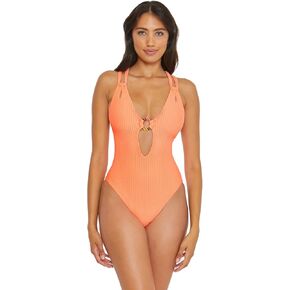 BECCA Line in The Sand Lainey Textured Rib Plunge One-Piece Nectar SM