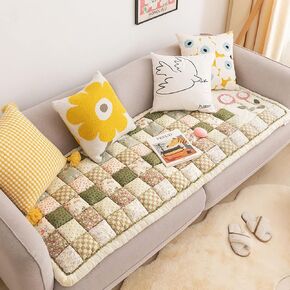 vctops Bohemian Patchwork Sofa Cover Cotton Quilted Couch Cover Floor Mat Floral Print Sectional Couch Cover Non-Slip Soft Sofa Slipcover Furniture Protector for Kids, Dogs, Cats (Green,28"x82")