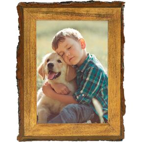 5x7 Picture Frame Rustic Brown, Solid Wood Picture Frame with Bark Edges & Real Glass Cover, Display Pictures/Photos/Prints 5 x 7 for Wall Mounting, Farmhouse Decor