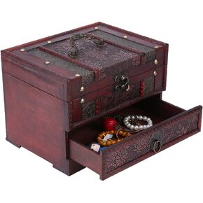 Cimenn Wooden Jewelry Box, Classical Gift Storage Case Holder Chest Jewelry Gift Box with Mirror & Drawers, Decorative Treasure Stash Old-Fashioned Antique Vintage Style
