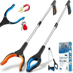 2-Pack Grabber Reacher Tool, 34" Foldable Reacher Grabber Pickup Tool with 360° Anti-Slip Rotating Jaw & Magnets, 4" Wide Claw Opening Reachers for Seniors, Trash Picker Tool