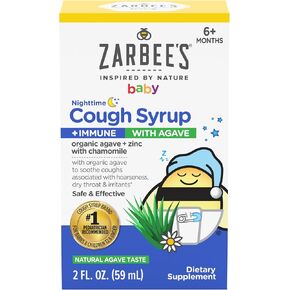 Zarbee's Baby Nighttime Cough Syrup + Immune, Baby Cough Syrup, Organic Agave + Zinc & Chamomile, Cough Syrup for Babies, No Drugs or Artificial Flavors, Natural Agave Taste, 2 fl. oz