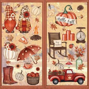 9 Sheets Fall Thanksgiving Window Clings Autumn Gnome Sunflower Truck Pumpkin Window Stickers Vintage Reusable PVC Window Decal for Harvest Glass Mirror Office Decor