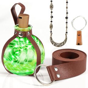 Dark Magic Cork Potion Bottle, Halloween Witch and Mens Wizard Potion Bottle with Medieval Knight Leather Belt Crystal Moon Head Chain, Spherical Glass Potions Bottle for Halloween Costume Props