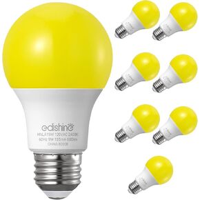 EDISHINE A19 مصابيح كهربائية صفراء، 9 وات (ما يعادل 60 وات)، 600 لومن 2400 ك مصابيح إضاءة خارجية للحشرات، غير قابلة للتعتيم، قاعدة متوسطة E26، مدرجة في قائمة UL، 8 عبوات