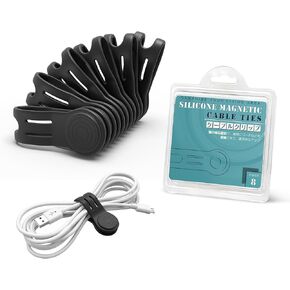 Kanemc Magnetic Ties For Cords, Cord Wrap Silicone Zip Ties Twist Ties Magnet Strap For Smartphone Charger Earphone Video Game USB C Cables (8-Pack, Black)