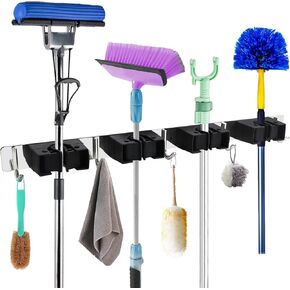Broom Holder Wall Mount, Stainless Steel garage organization, Non-slip broom mop holder wall mounted, Self Adhesive for Laundry Room (4 Racks and 5 Hooks)