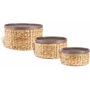 happimess BSK1004A-3SET Gouda Southwestern Hand-Woven Hyacinth Circular Nesting Baskets with Wood Lids for Storage and Decoration in Bathroom, Bedroom, Closet, Entryway, Natural (Set of 3)