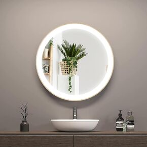 24 inch LED Lighted Round Bathroom Mirror with Wood Grain Frame Smart 3-Color Dimmable Makeup Mirror Wall Mounted Lighted Vanity Mirror Anti-Fog Circle Wall Mirror Plug-in Lgiht up Mirror