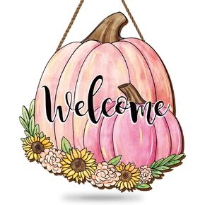Fall Pumpkin Welcome Door Sign Pink Autumn Thanksgiving Pumpkin Wooden Hanging Sign for Harvest Farmhouse Indoor Outdoor Home Porch Wall Decor