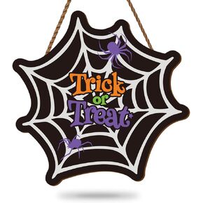 Whaline Halloween Spider Web Door Sign Trick or Treat Wooden Hanging Sign Welcome Wreath Sign Halloween Decorations Door Hanger Sign for Farmhouse Home Window Wall Party Decoration Supplies