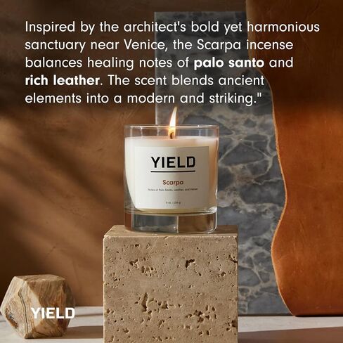 Yield 8oz. Scarpa Candle - Palo Santo, Leather, & Vetiver Scented Luxury Candle - Aromatherapy Essential Oils - Clean Burning Cotton Wick - 65 Hour Burn Time - Hand Poured in The USA - 8oz in Saudi Arabia