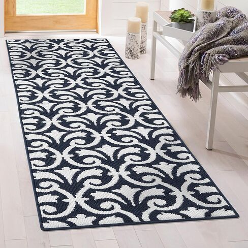 Creative Home Ideas – Tufted Runner - Karb Trellis Border Rug - Modern Home Décor - Washable Rug - Accent Carpet for Entryway & Hallway - Measures 26" x 60" - Navy and White in Kuwait