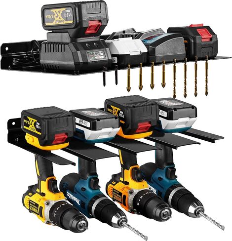 Power Tool Organizer, Drill Holder, Drill Charging Station With Drill Bit Holder, Drill Storage Rack, Holds 4 Drills, Batteries, Tools for Garage, Home, Workshop, Shed - Discount for PD in Saudi Arabia