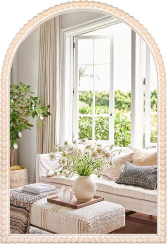 مرآة حائط على شكل قوس بإطار خشبي مقاس 60.96 سم × 91.44 سم مع خرزات خشبية بيضاء، مرآة حائط معلقة عصرية ريفية متعثرة للمدخل أو غرفة المعيشة أو ديكور المنزل لغرفة النوم in Kuwait