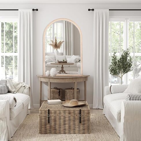 مرآة حائط على شكل قوس بإطار خشبي مقاس 60.96 سم × 91.44 سم مع خرزات خشبية بيضاء، مرآة حائط معلقة عصرية ريفية متعثرة للمدخل أو غرفة المعيشة أو ديكور المنزل لغرفة النوم in Kuwait