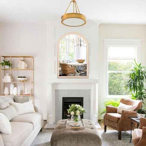 مرآة حائط على شكل قوس بإطار خشبي مقاس 60.96 سم × 91.44 سم مع خرزات خشبية بيضاء، مرآة حائط معلقة عصرية ريفية متعثرة للمدخل أو غرفة المعيشة أو ديكور المنزل لغرفة النوم in Kuwait