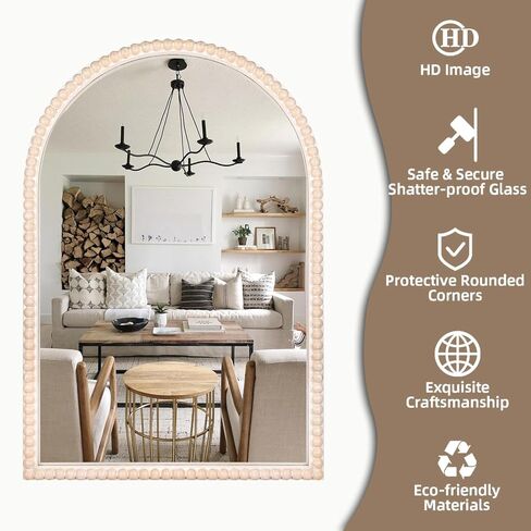 مرآة حائط على شكل قوس بإطار خشبي مقاس 60.96 سم × 91.44 سم مع خرزات خشبية بيضاء، مرآة حائط معلقة عصرية ريفية متعثرة للمدخل أو غرفة المعيشة أو ديكور المنزل لغرفة النوم in Kuwait