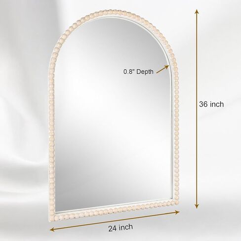 مرآة حائط على شكل قوس بإطار خشبي مقاس 60.96 سم × 91.44 سم مع خرزات خشبية بيضاء، مرآة حائط معلقة عصرية ريفية متعثرة للمدخل أو غرفة المعيشة أو ديكور المنزل لغرفة النوم in Kuwait