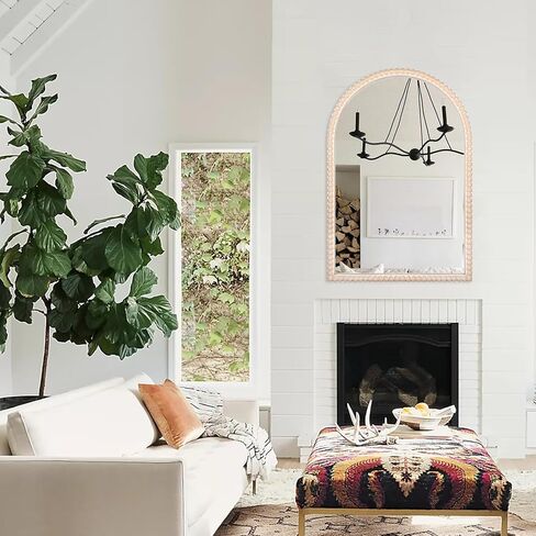 مرآة حائط على شكل قوس بإطار خشبي مقاس 60.96 سم × 91.44 سم مع خرزات خشبية بيضاء، مرآة حائط معلقة عصرية ريفية متعثرة للمدخل أو غرفة المعيشة أو ديكور المنزل لغرفة النوم in Kuwait