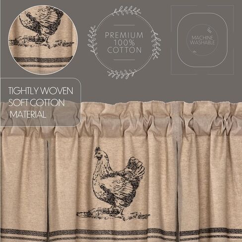 VHC Brands Sawyer Mill Chicken Nature Print Chambray Cotton Farmhouse Kitchen Curtains Rod Pocket Hanging Loops Inverted Pleats 20x60 Valance, Charcoal in Saudi Arabia