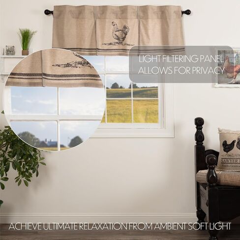 VHC Brands Sawyer Mill Chicken Nature Print Chambray Cotton Farmhouse Kitchen Curtains Rod Pocket Hanging Loops Inverted Pleats 20x60 Valance, Charcoal in Saudi Arabia