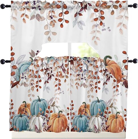 Fall Thanksgiving Kitchen Curtains Sets 24 Inch Length with Valance, Blue Orange White Pumpkin Swag Valances for Windows and Tiers Curtain Set, Eucalyptus Leaves Drapes for Living Room, Cafes in Kuwait
