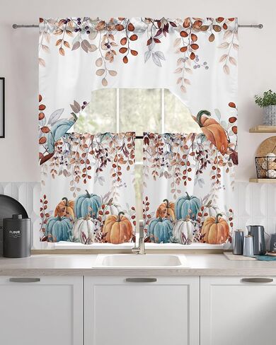 Fall Thanksgiving Kitchen Curtains Sets 24 Inch Length with Valance, Blue Orange White Pumpkin Swag Valances for Windows and Tiers Curtain Set, Eucalyptus Leaves Drapes for Living Room, Cafes in Kuwait
