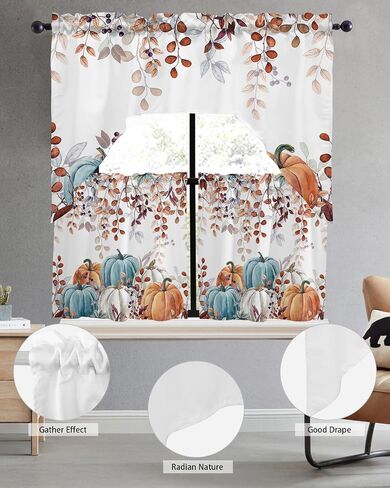 Fall Thanksgiving Kitchen Curtains Sets 24 Inch Length with Valance, Blue Orange White Pumpkin Swag Valances for Windows and Tiers Curtain Set, Eucalyptus Leaves Drapes for Living Room, Cafes in Kuwait