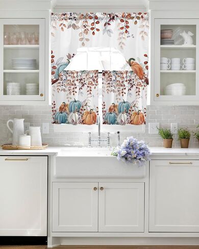 Fall Thanksgiving Kitchen Curtains Sets 24 Inch Length with Valance, Blue Orange White Pumpkin Swag Valances for Windows and Tiers Curtain Set, Eucalyptus Leaves Drapes for Living Room, Cafes in Kuwait