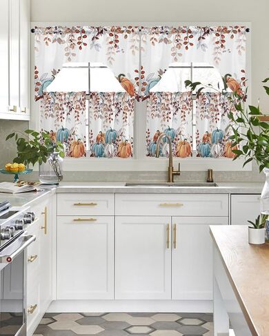 Fall Thanksgiving Kitchen Curtains Sets 24 Inch Length with Valance, Blue Orange White Pumpkin Swag Valances for Windows and Tiers Curtain Set, Eucalyptus Leaves Drapes for Living Room, Cafes in Kuwait