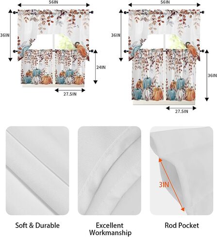 Fall Thanksgiving Kitchen Curtains Sets 24 Inch Length with Valance, Blue Orange White Pumpkin Swag Valances for Windows and Tiers Curtain Set, Eucalyptus Leaves Drapes for Living Room, Cafes in Kuwait