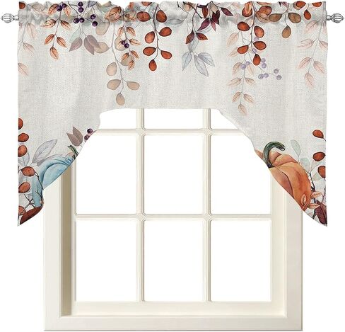 Fall Thanksgiving Kitchen Curtains Sets 24 Inch Length with Valance, Blue Orange White Pumpkin Swag Valances for Windows and Tiers Curtain Set, Eucalyptus Leaves Drapes for Living Room, Cafes in Kuwait