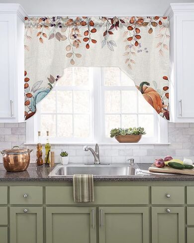 Fall Thanksgiving Kitchen Curtains Sets 24 Inch Length with Valance, Blue Orange White Pumpkin Swag Valances for Windows and Tiers Curtain Set, Eucalyptus Leaves Drapes for Living Room, Cafes in Kuwait