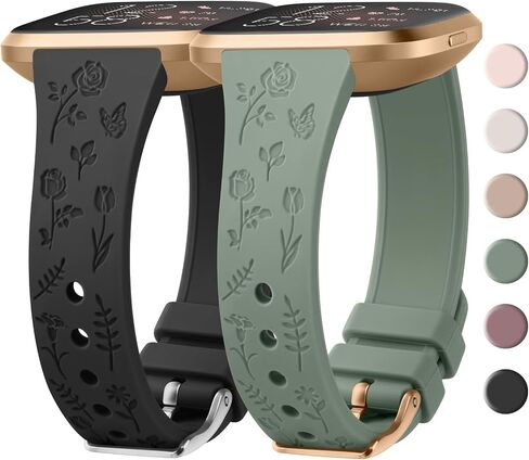 Tobfit Slim Floral Engraved Band Compatible with Fitbit Versa Bands for Women, Silicone Sport Fancy Flower Design Cute Tulips Replacement Wristbands Straps for Fitbit Versa Lite/SE (2 Pack) in Saudi Arabia